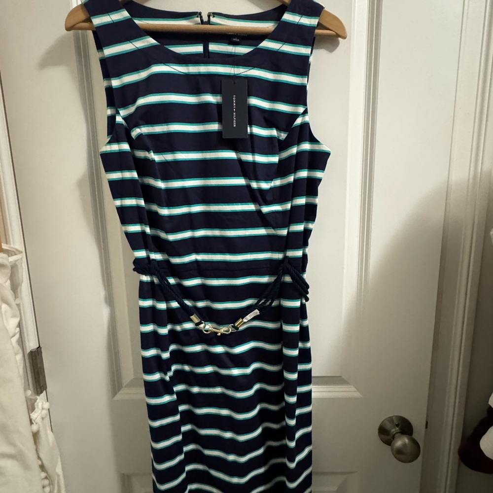 Tommy Hilfiger Teal and White Striped Midi Dress